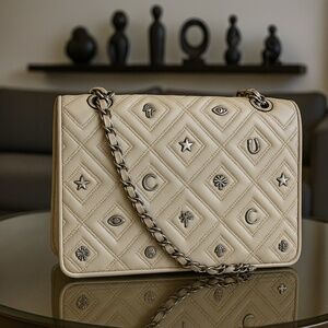 Tory Burch Fleming Farida Charm New Cream Leather Large Convertible Shoulder Bag
